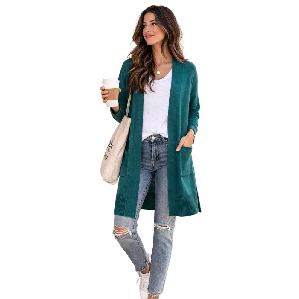 Chicos Open Front Teal Duster Cardigan Sweater Size 1/Medium